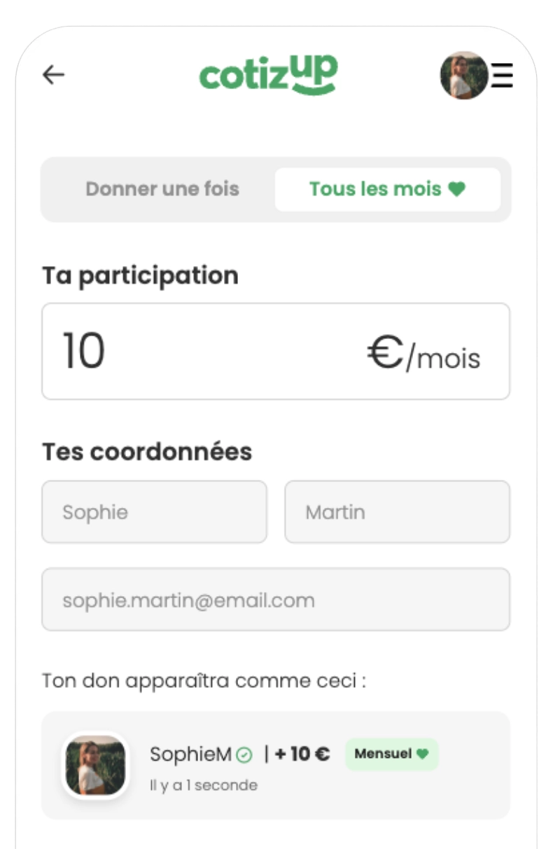 Interface CotizUp d’un profil d’association proposant des dons ponctuels et mensuels.